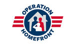 Logo of Operation Homefront with silhouettes of a house, two people, a saluting figure, and red stripes.